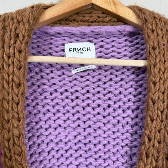 FRNCH Lorene Violet Camel Cardigan Sweater Women's Medium Chunky Knit Open Front - Picture 8 of 15